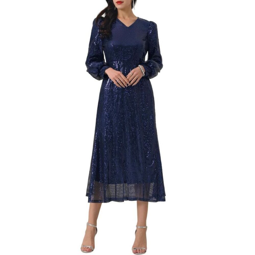 INSPIRE CHIC Women's Long Sleeve V-neck Dresses Deep Blue Large